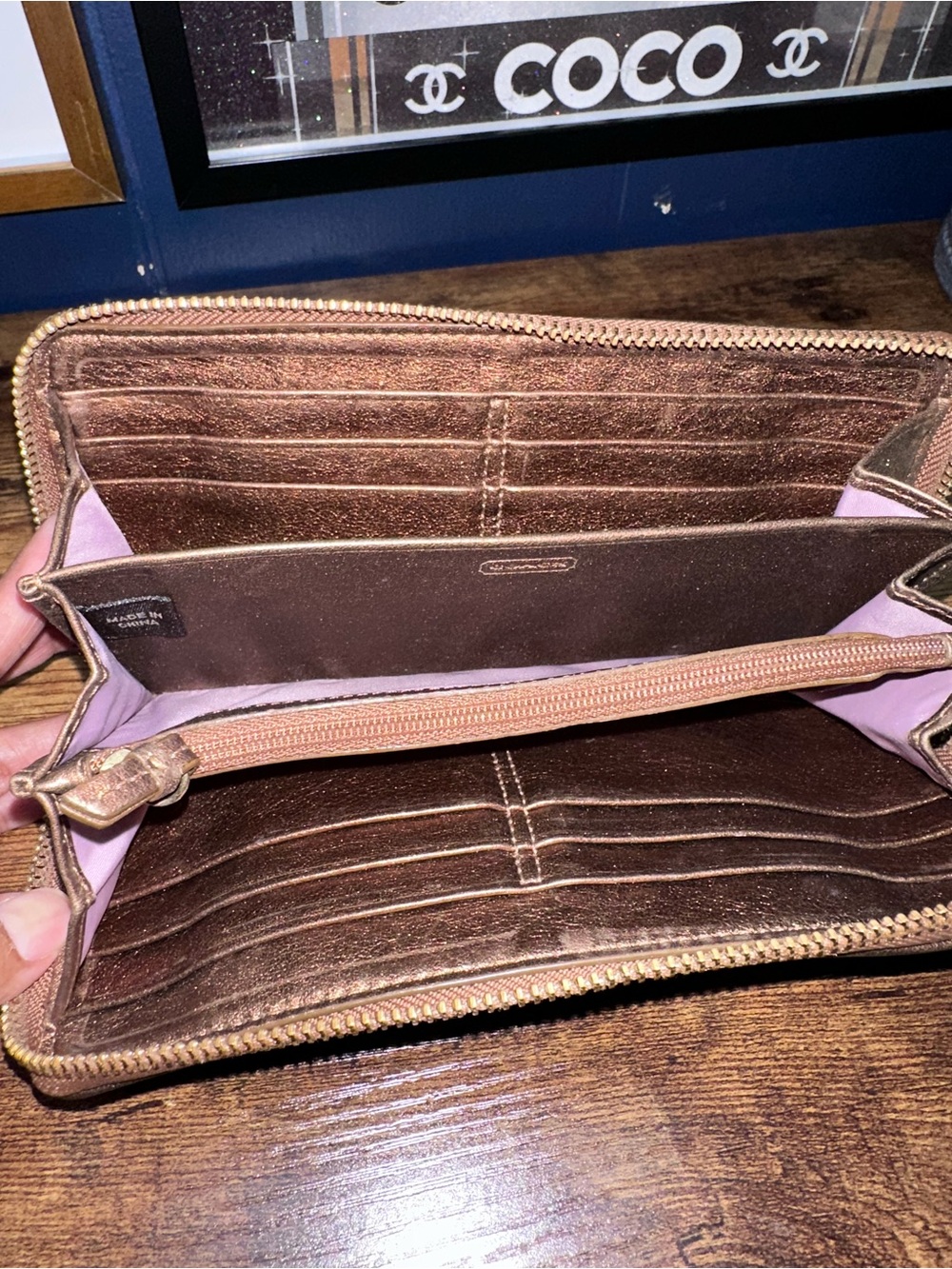 COACH Zoe Vintage Metallic Legacy Bronze Leather Zip Wallet with Buckle Detail - Picture 7 of 12